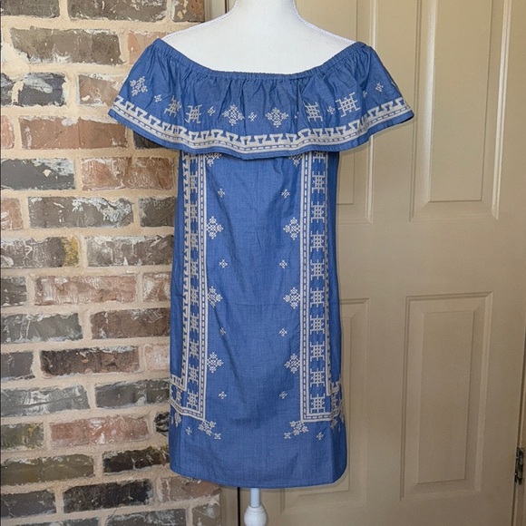 NWT Joy Joy Boho Off Shoulder Chambray Mini Dress Western Embroidery - Picture 3 of 12